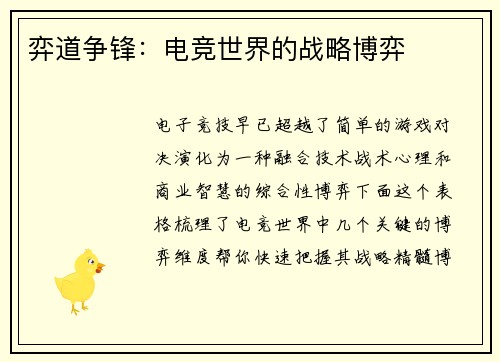 弈道争锋：电竞世界的战略博弈